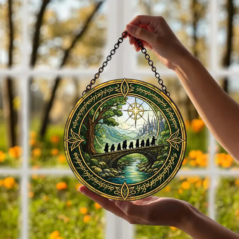 Fantasy Fellowship Stained Glass Suncatcher, Epic Adventure Window Hanging, Medieval Landscape Decor, Nature Lover Gift, Magical Forest Art 074e3536-794e-4b38-8de8-7c482de21134-fg-33-.webp