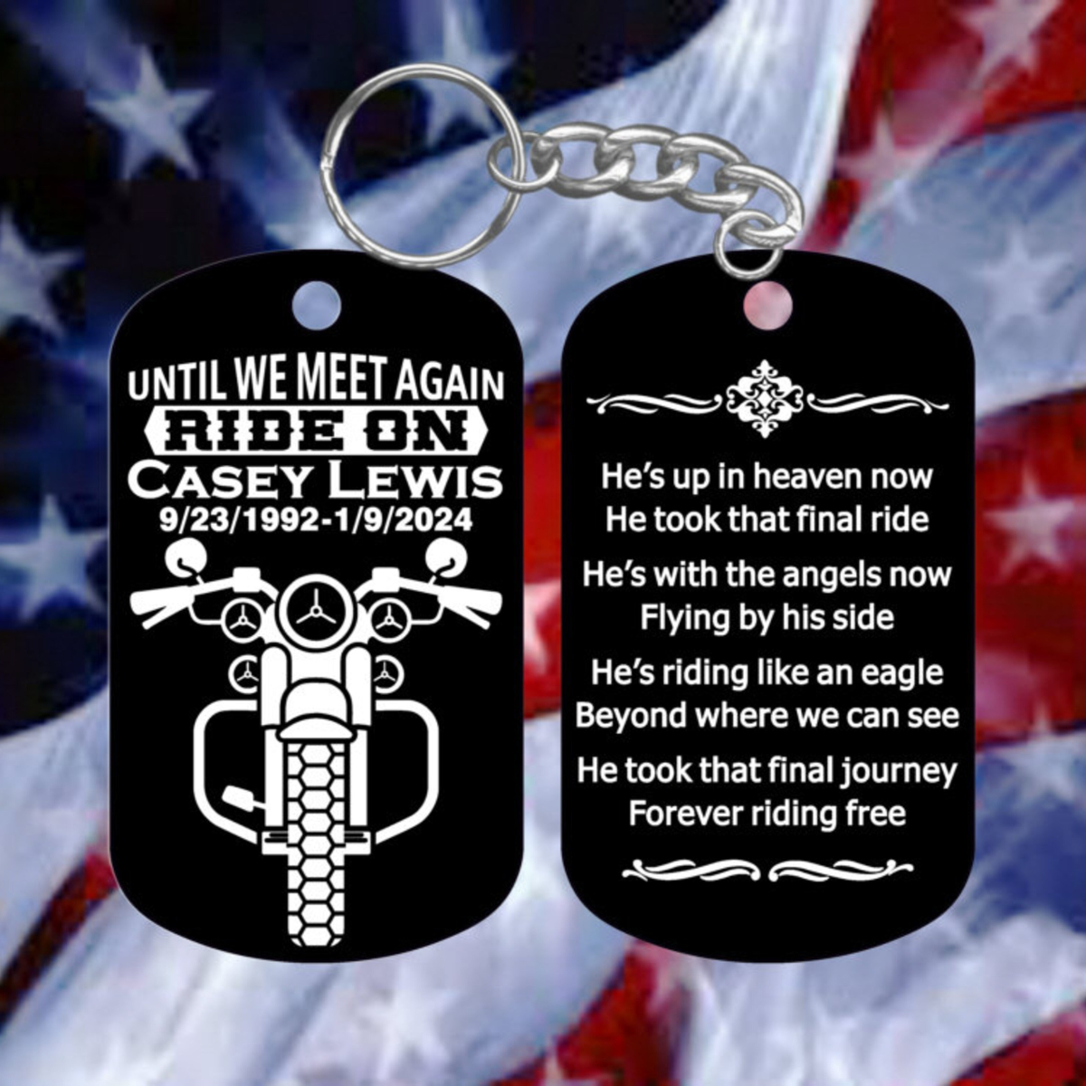 Motorcycle RIDE ON Personalized Remembrance Keychain with a Biker's Epitaph