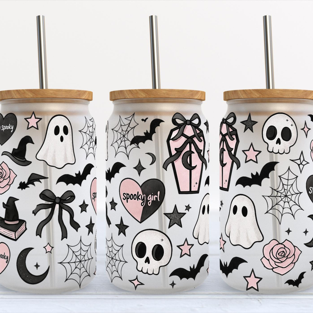 Spooky Girl Cute Ghost, Spiderweb, Pink Coffin Glass Can Tumbler