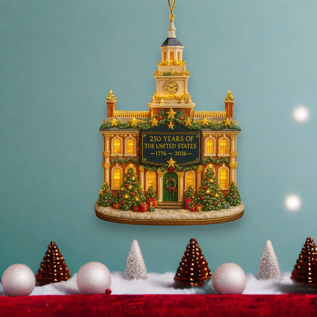 Christmas Ornament, 250 Years of the United States 1776-2026, Independence Hall Design, Holiday Decor, USA 250th Anniversary