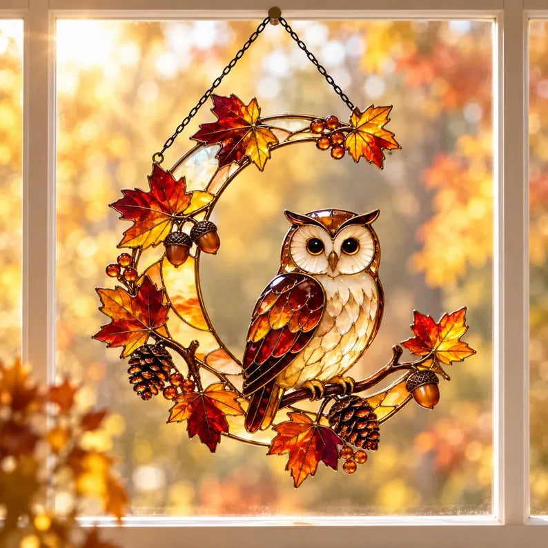 Fall Owl Moon Suncatcher, Maple Leaves Woodland Owl Window Hanging, Thanksgiving GIft For Nature Lovers, Fall Home Decor 2b1e38fb-4170-48b5-8fff-ec943960cf30-ggggggg-1-.webp