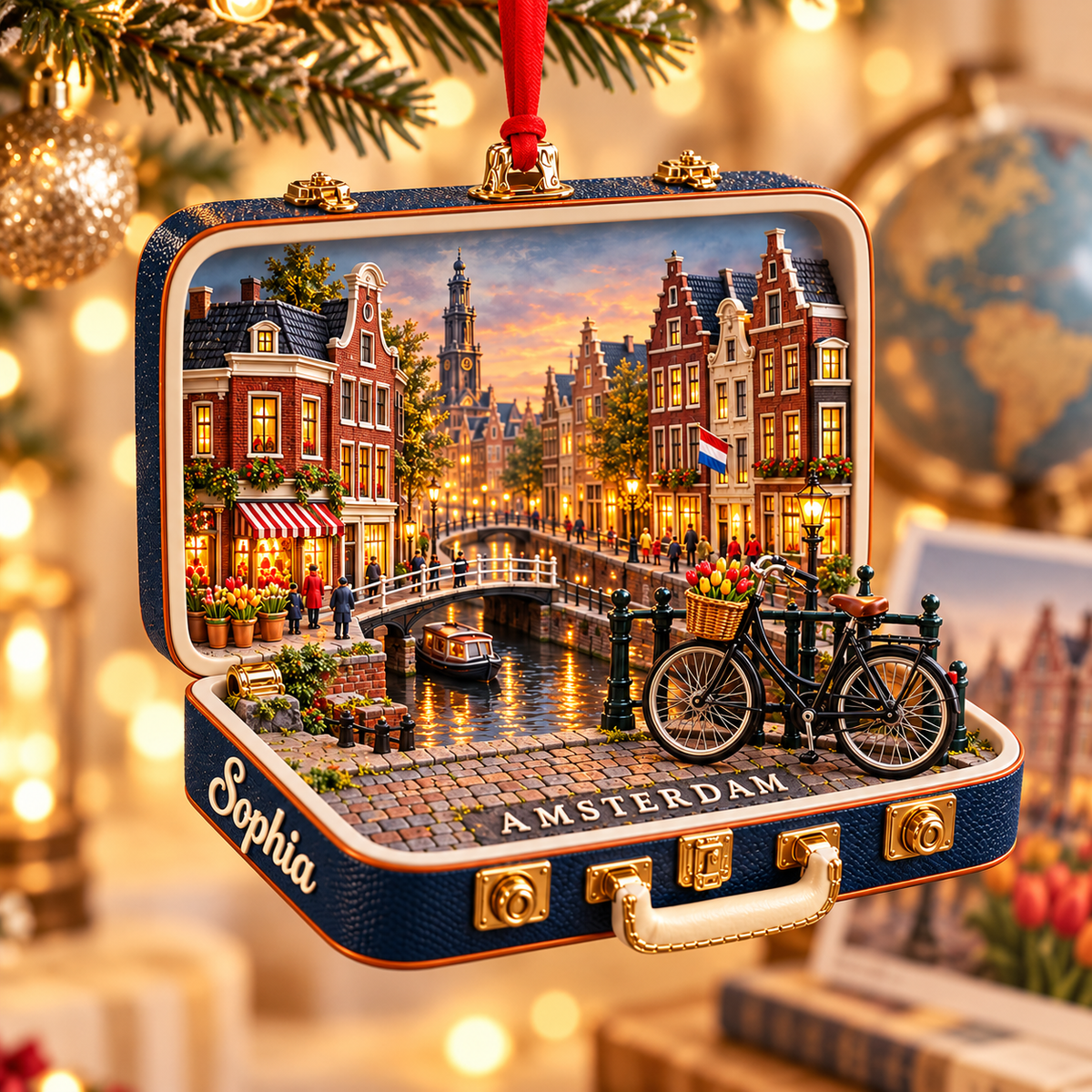 Personalized 3D Amsterdam Canal Suitcase Christmas Ornament – Snowy Winter Night, Netherlands Travel Souvenir & Gift for Amsterdam Lovers 2b42fb33-22be-43ec-ae2b-29ae67955ec8-Sophia-s-Amsterdam-holiday-suitcase-ornament-1.png