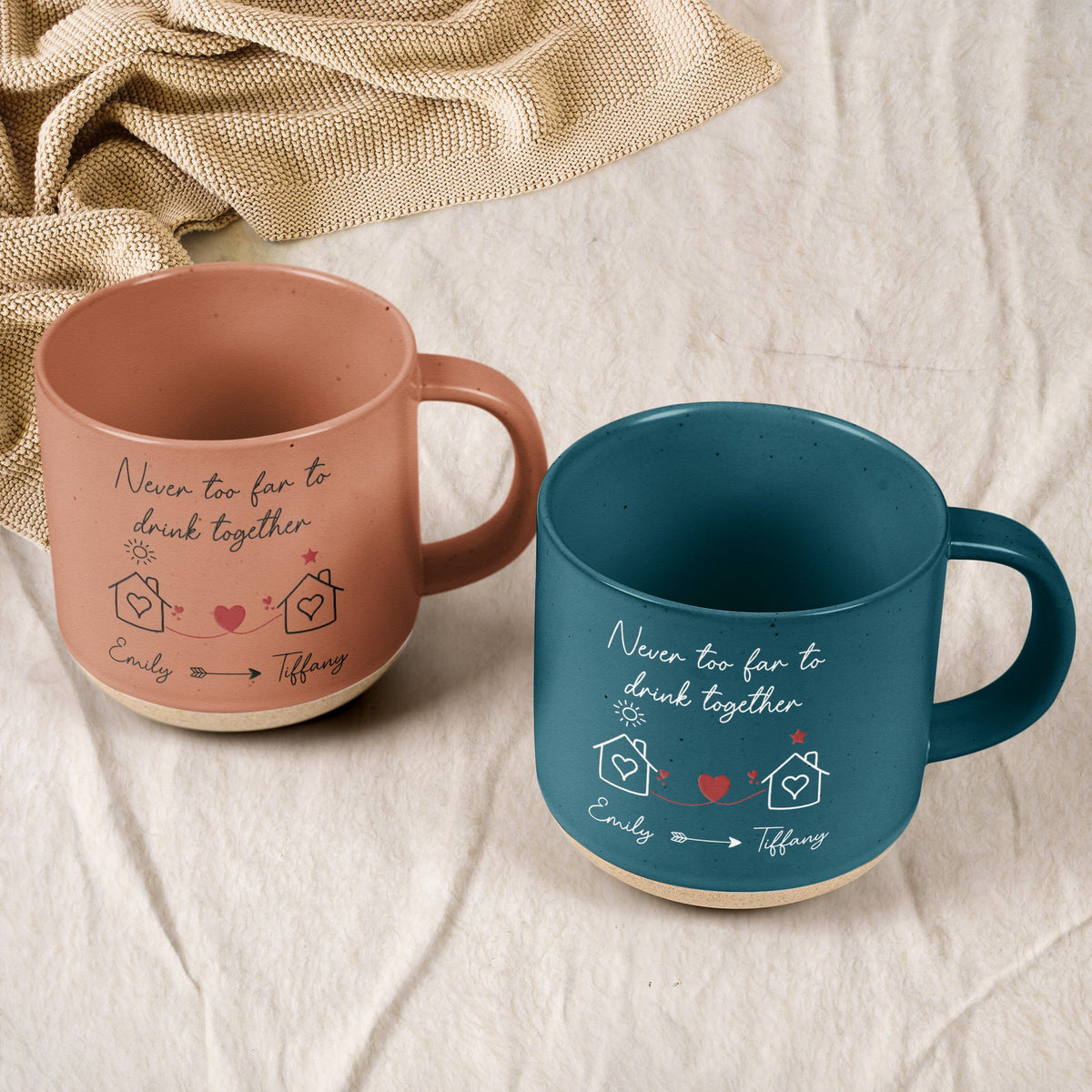 Never Too Far To Drink Together - Personalized Pottery Mug - Gift For Long Distance Relationship