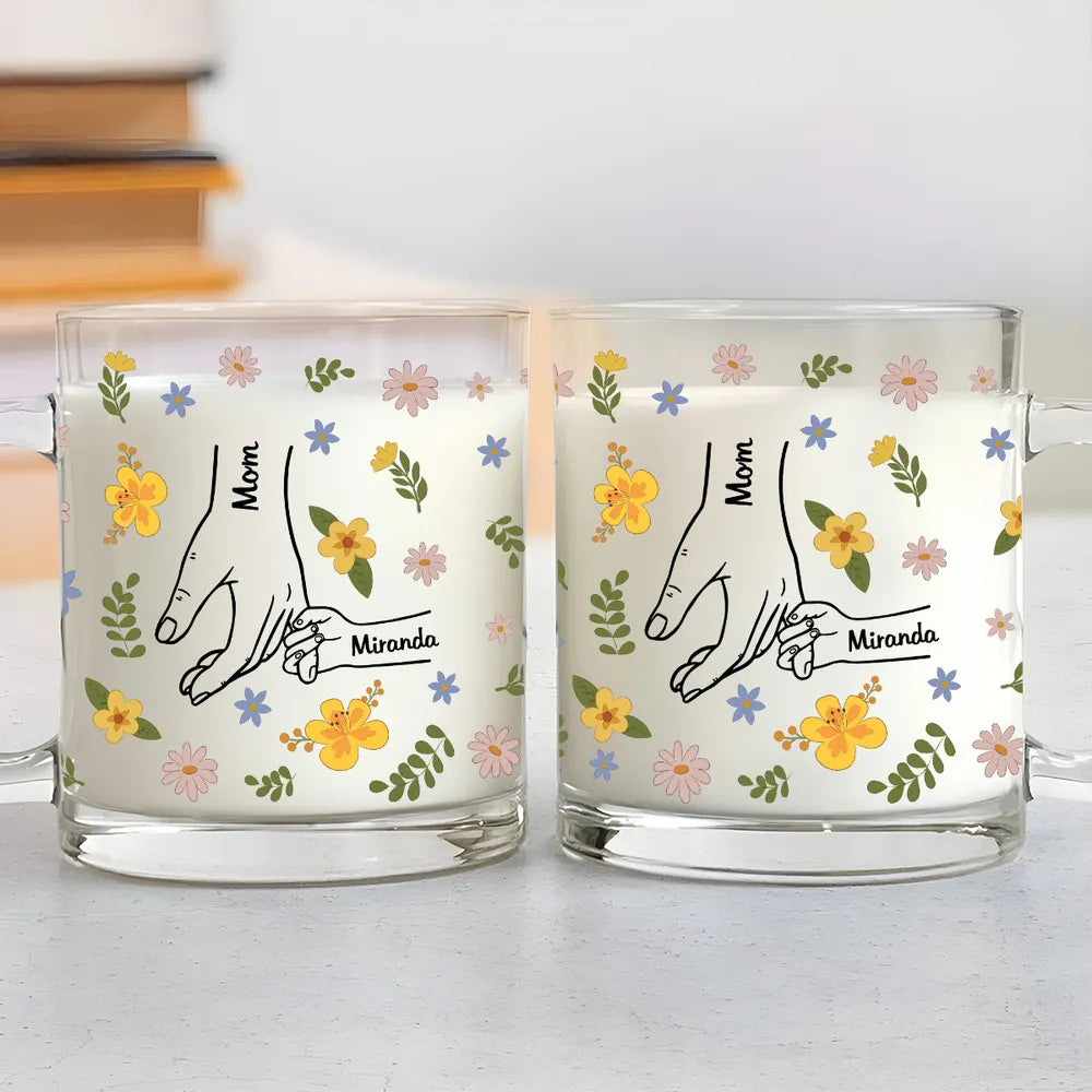 Mom Holding Kids Hands - Personalized Glass Mug - Gift For Mother, Grandma, Mother's Day, Birthday Gift