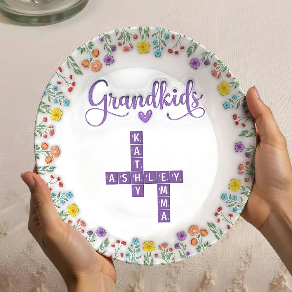Grandkids Crossword - Personalized 3D Inflated Printed Effect Ceramic Plate - Gift For Grandma