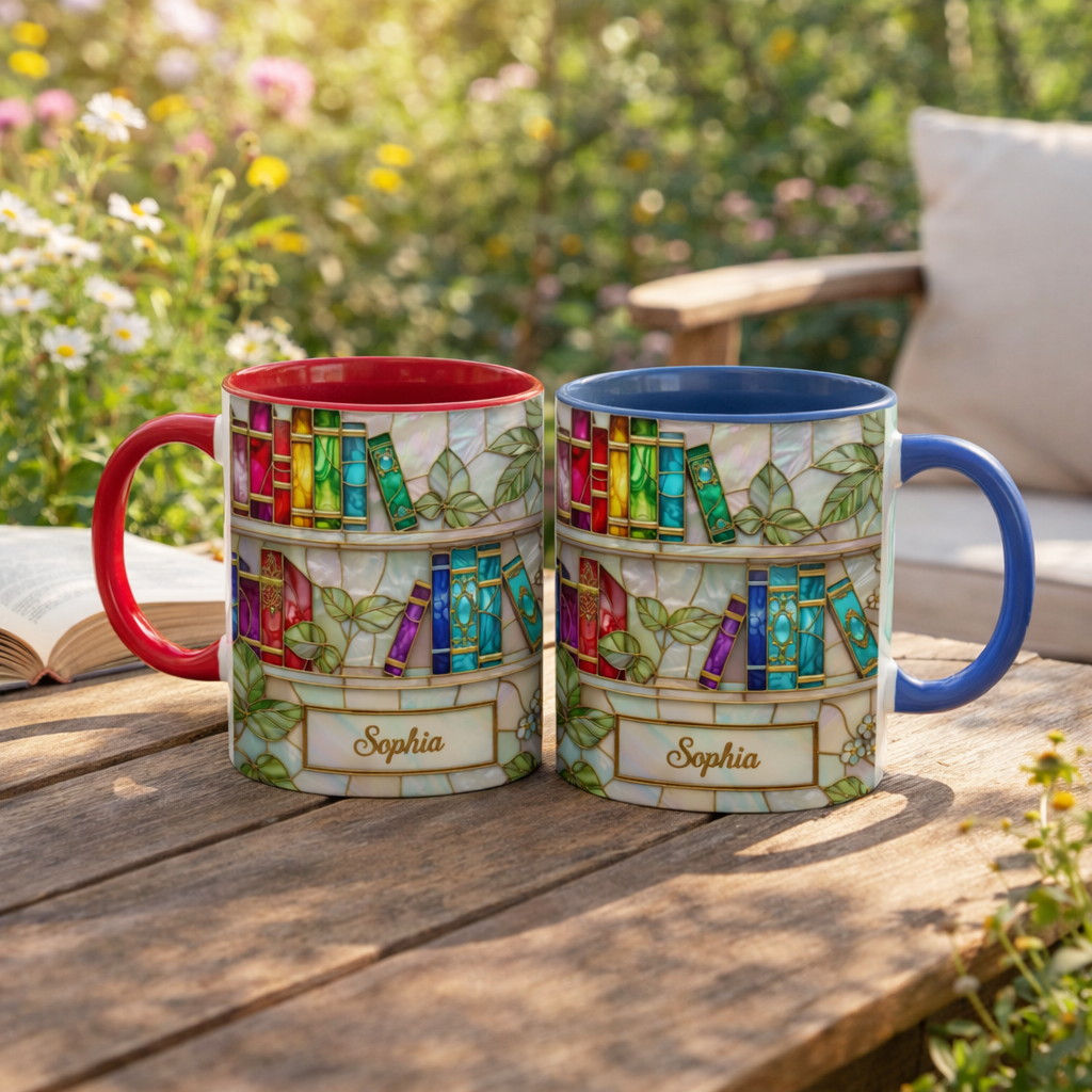 Personalized Stained Glass Bookshelf Ceramic Mug, Custom Name Mug For Book Lovers, Book Gift