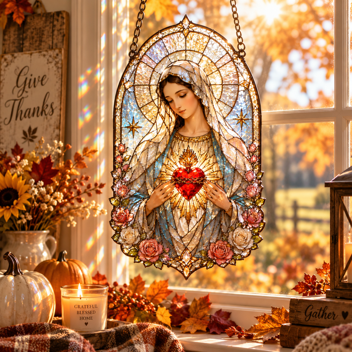 Sacred Heart Mary window hanging, floral religious suncatcher with lilies, roses and golden halo 3ada27f6-4288-4567-a019-6b1a1e229435-6e98896a-0292-44fa-acc4-2c93c8a313b4.png