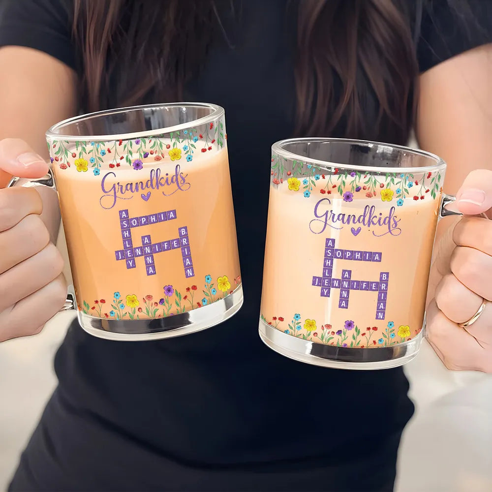 Grandkids Purple Crossword Wildflower Pattern - Personalized Glass Mug - Gift For Grandma Mom, Mother's Day, Birthday Gift