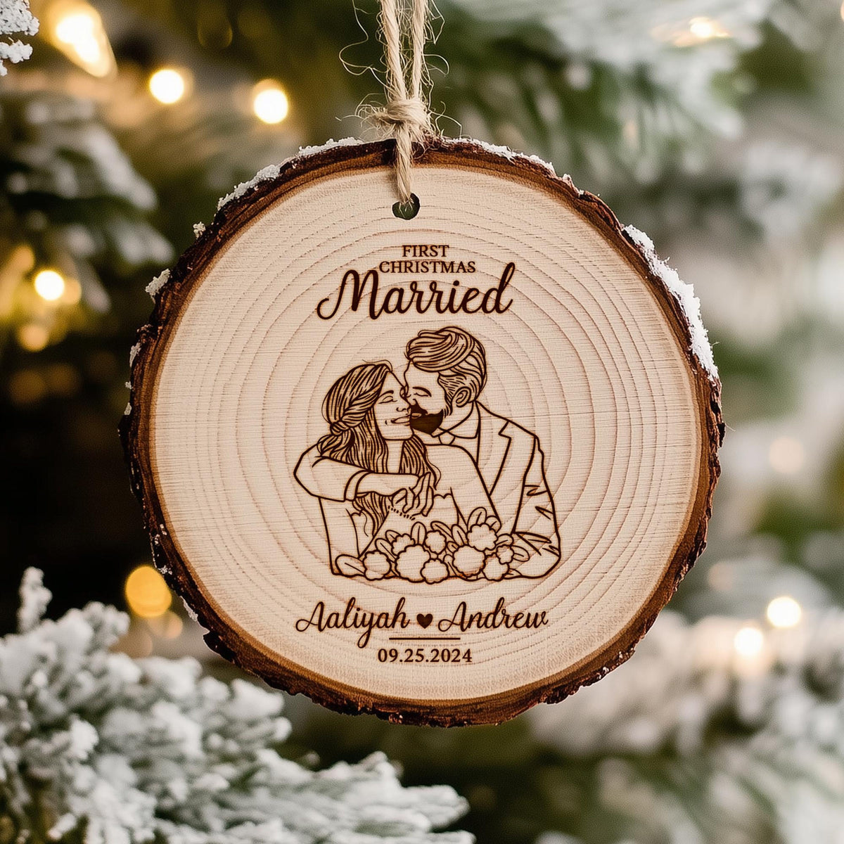 Custom Line Drawing Wedding Ornament, First Christmas Married Wooden Slice Ornament, Wedding Rustic Ornament Gifts for Couples