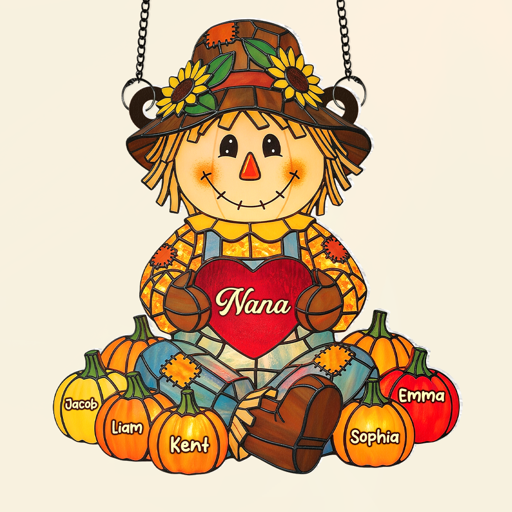 Fall Scarecrow Grandma with Pumpkins Grandkids Names - Personalized Suncatcher Ornament - Autumn Gift For Grandma & Family