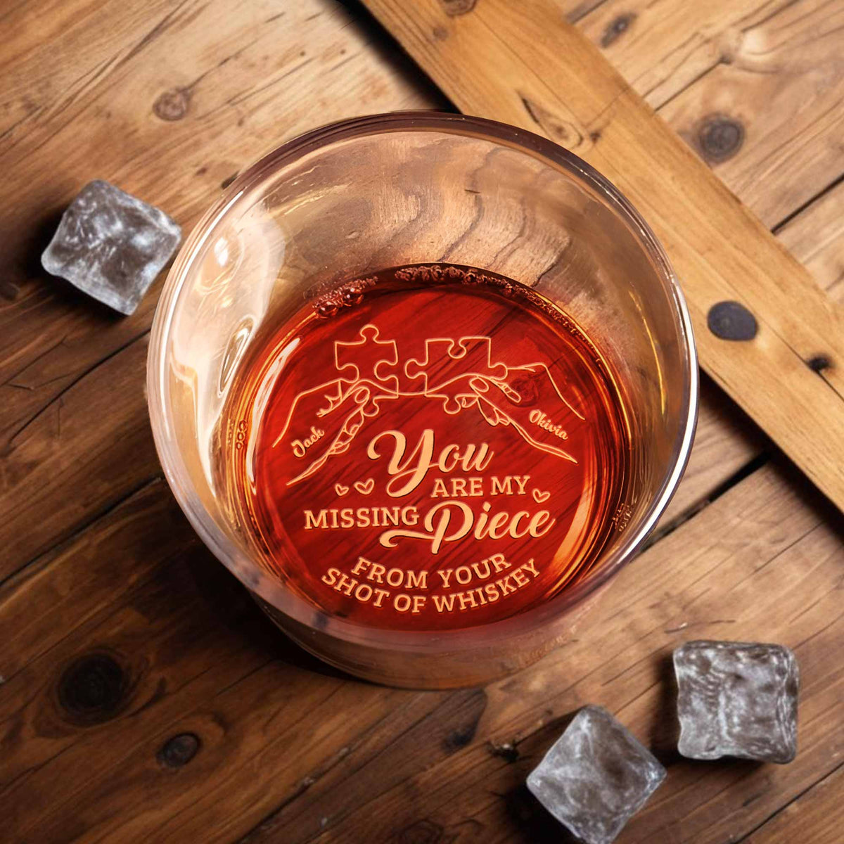 You Are My Missing Piece With Puzzle Pieces And Hearts, Personalized Engraved Whiskey Glass, Gift For Partners