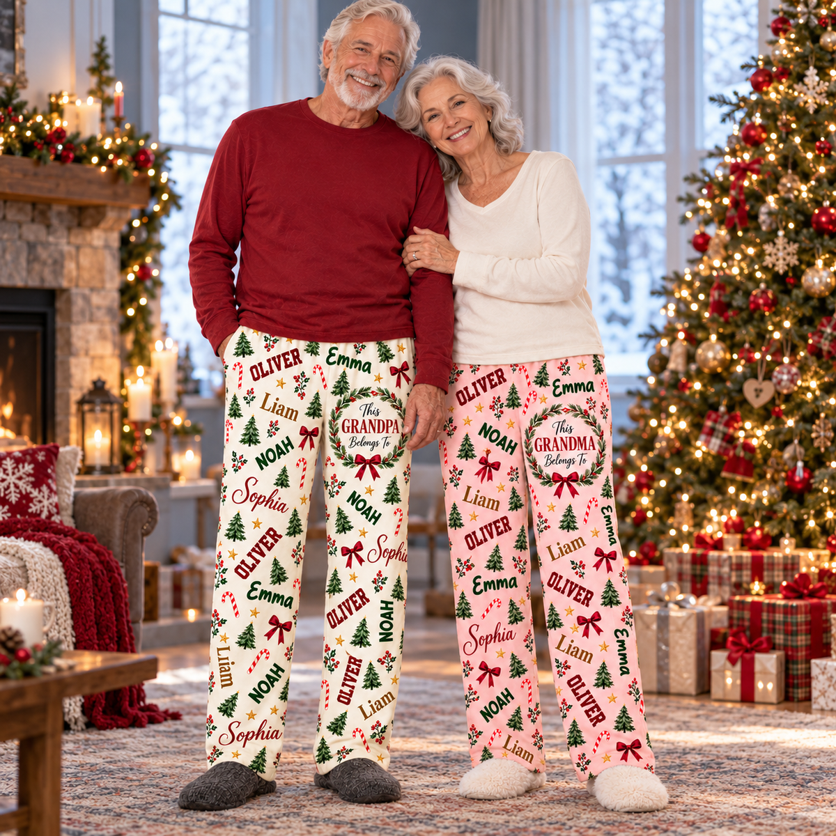 Personalized Grandma and Grandpa Christmas Pajama Pants – Custom Grandkids Names, Christmas Tree and Bow Print, Holiday Gift for Grandparents 6b87f60b-bd29-4537-a89c-93ebb38fe424-Grandparents-in-personalized-Christmas-pajamas-1.png