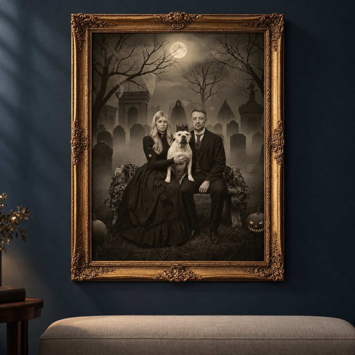 Personalized Halloween Family Portrait Canvas – Custom Gothic Couple & Pet Wall Art from Photo 6e2f96aa-7f82-4bc7-9de7-50472936acb9-Antique-Gold-Family-Portrait-at-Dusk.png