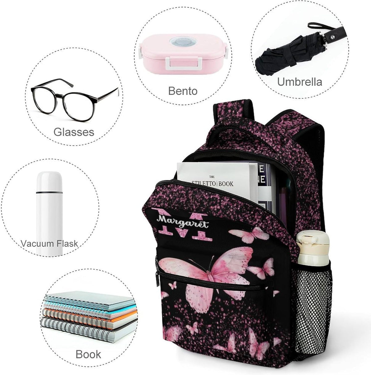Personalized Butterfly Backpack for Girls Kids Custom Girls Backpack Initial Monogram Bookbag Customized Name Schoolbag for Preschool Kindergarten Primary Elementary