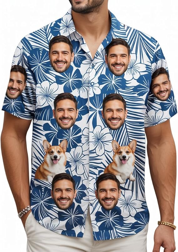 Custom Face Patriotic Short Sleeve Hawaiian Shirt, Personalized Photo Independence Day Hawaiian Shirt, Shirt for Men