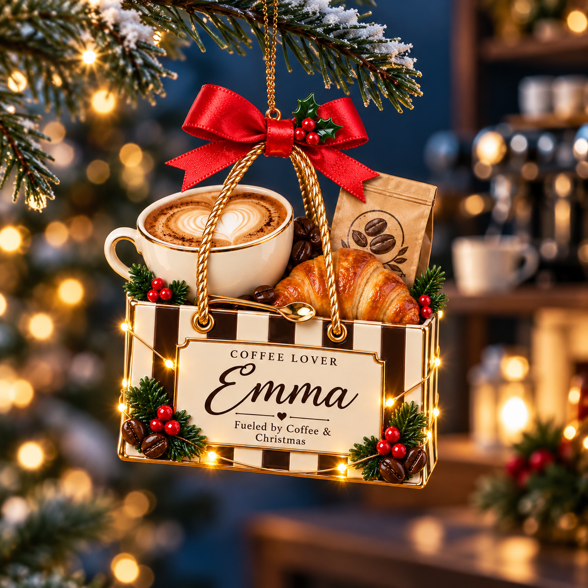 Personalized Coffee Lover Christmas Ornament – Custom Name Coffee Bag with Latte and Croissant, Holiday Keepsake Gift for Coffee Lovers and Baristas 772f270f-4108-4d51-a58a-69343a3b6047-Coffee-Lover-Ornament-on-Snowy-Fir-2.png