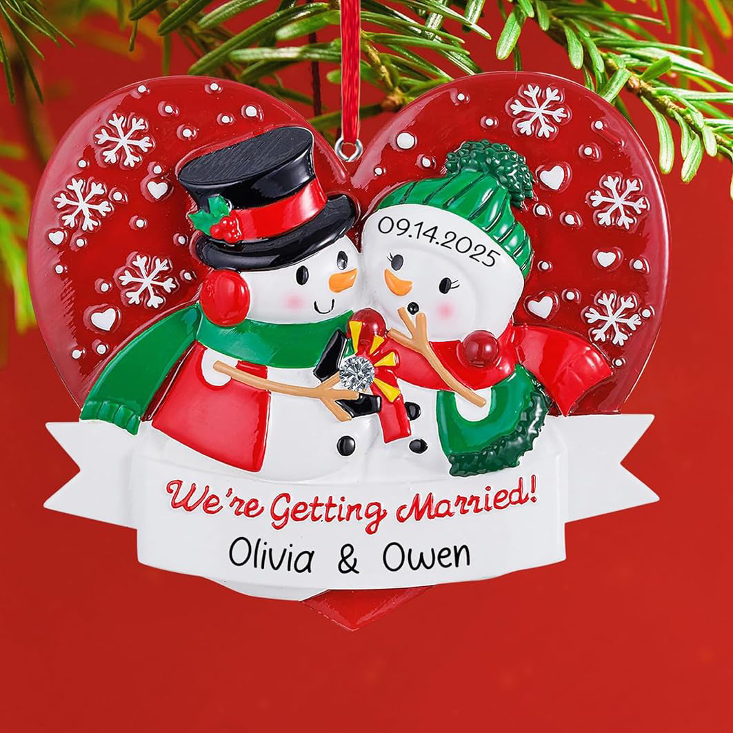 Personalized Our First Christmas Engaged Ornament 2025 | Snowman Engagement with Diamond Ring for Xmas Tree | She Said Yes Newly Fiance 1st Year Just Engaged Keepsake - Custom Name & Year