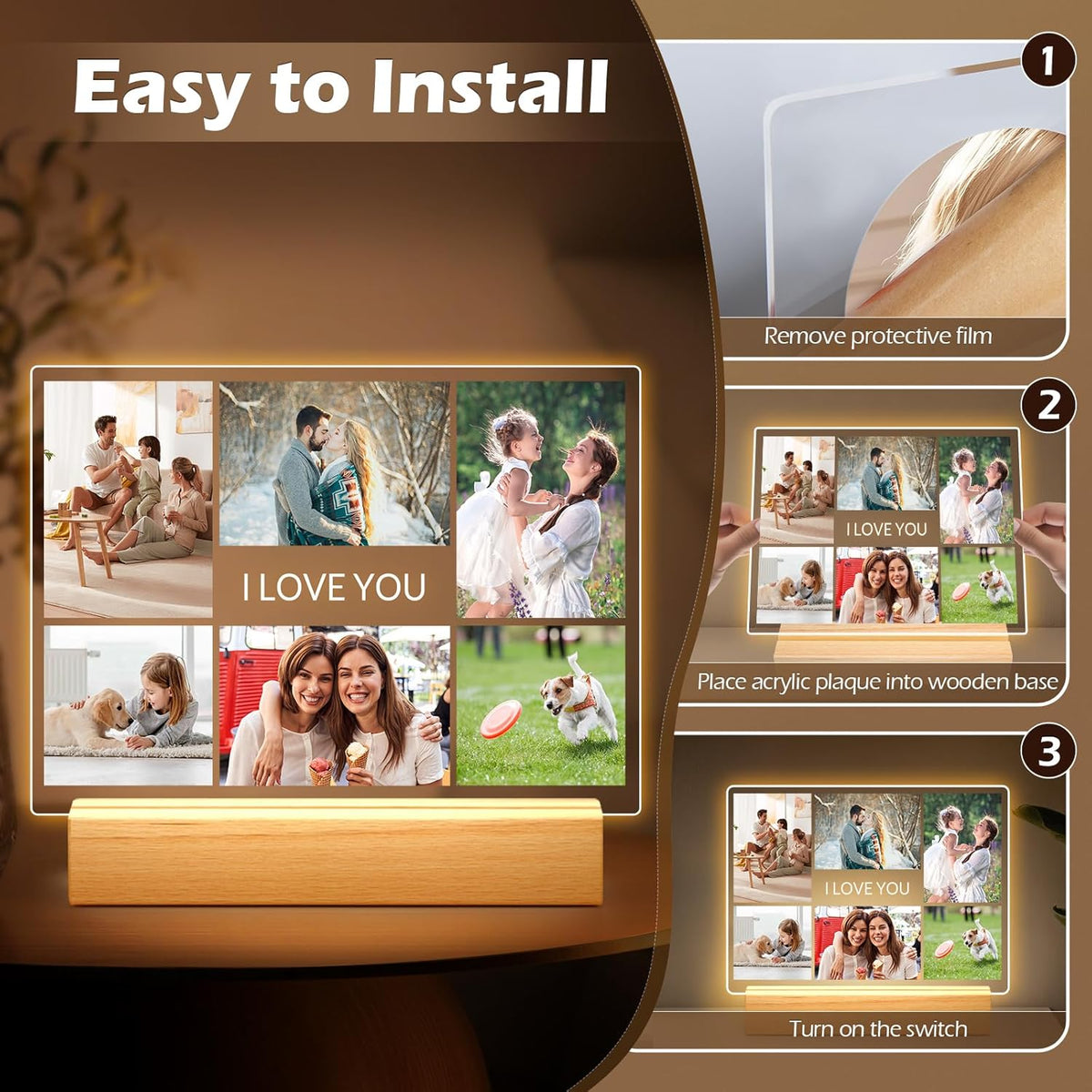 Custom Picture Frames with Photo, Personalized Photo Frame with Night Light, Customized Picture Frame, Personalized Mother's Day Gift Anniversary Birthday For Him For Her