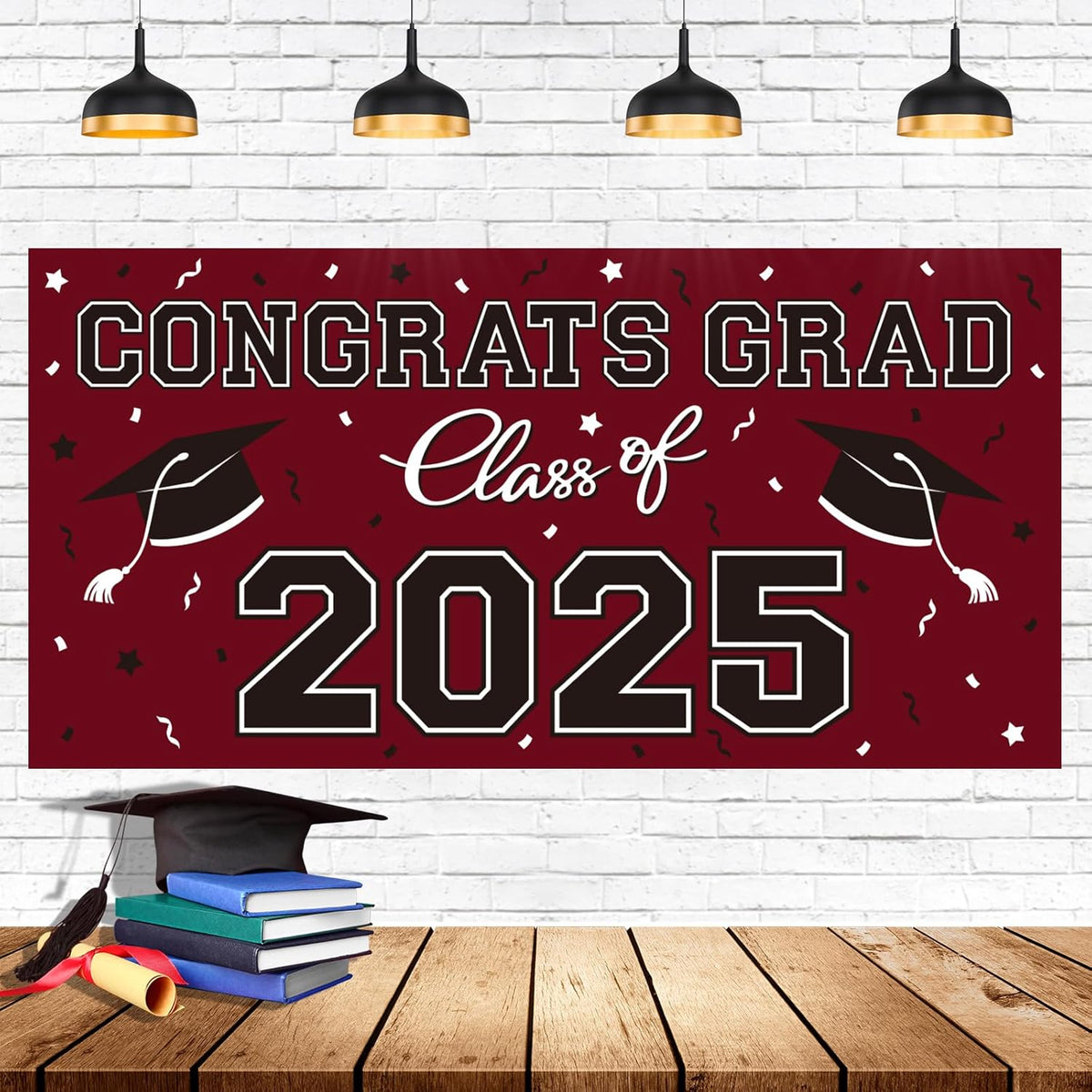 2025 Graduation Party Plastic Backdrop - Congrats Grad Banner in Red, Large Class of 2025 Decorations, Photography & Grad Party Supplies