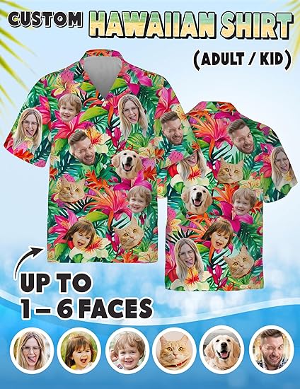 Custom Hawaiian Shirt with Face Photo Picture for Men Women Kids Youth Adult, Tropical Personalized Hawaiian Shirts Gift