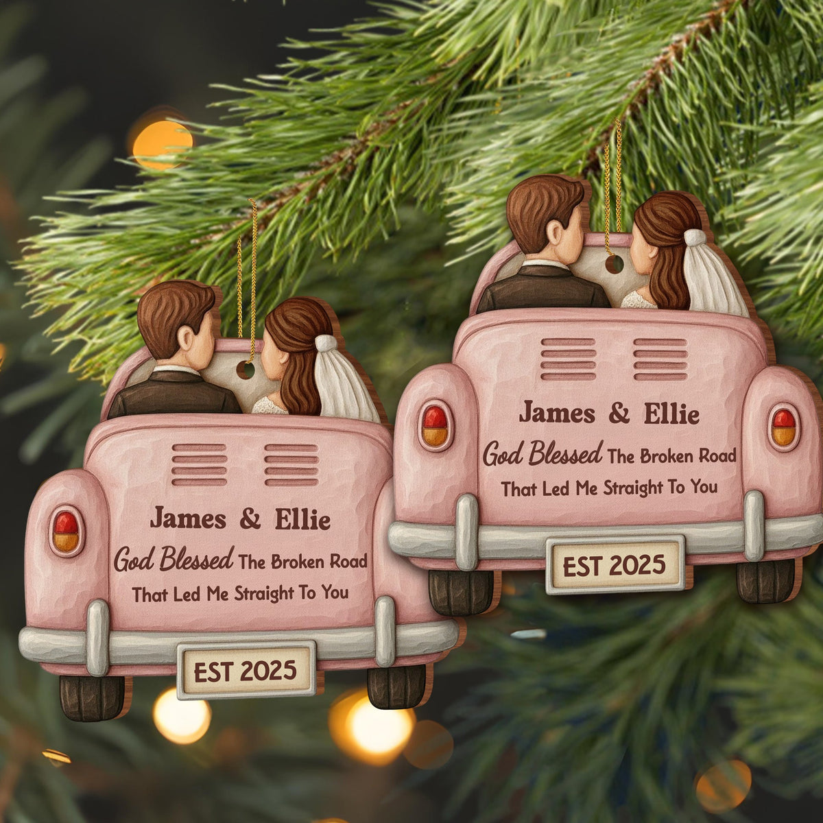 God Blessed The Broken Road, Car And Couple Design, Personalized Wood Ornament, Gift For Couples And Newlyweds