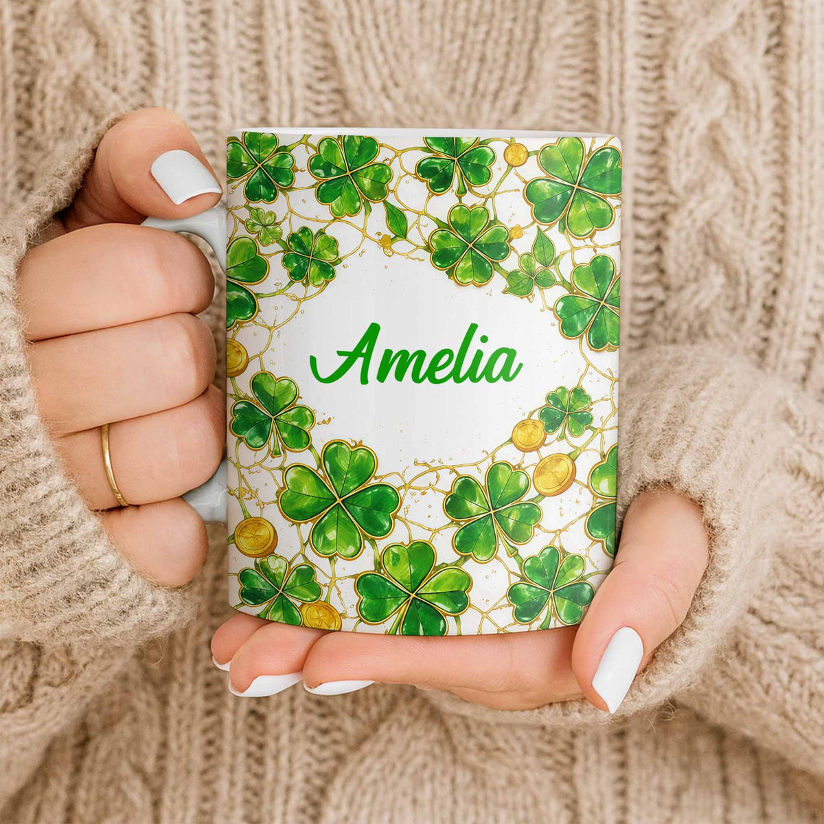 Amelia Shamrocks And Coins, Personalized Coffee Mug, Gift For Besties and Friends
