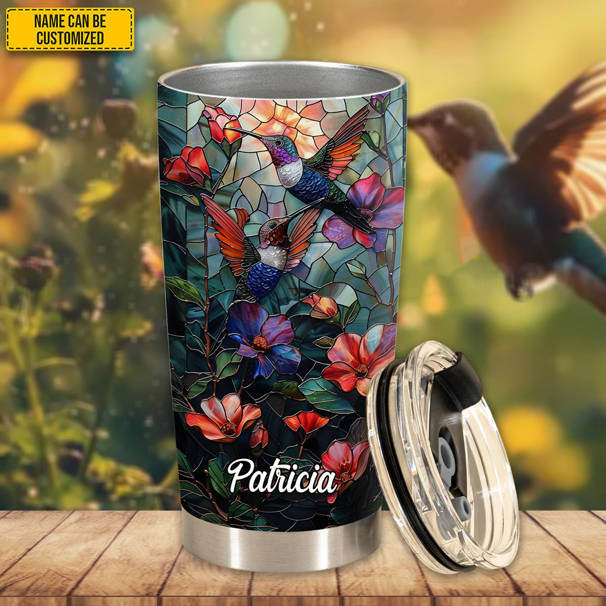 Personalized Stained Glass Hummingbird Flowers Tumbler