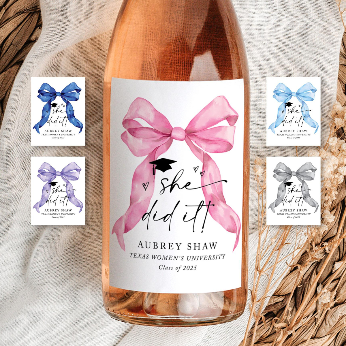 Senior Bow She Did It Graduation Wine Bottle Labels Printed, Custom College Graduation Wine Label, Graduation Gift for Her, Class of 2025