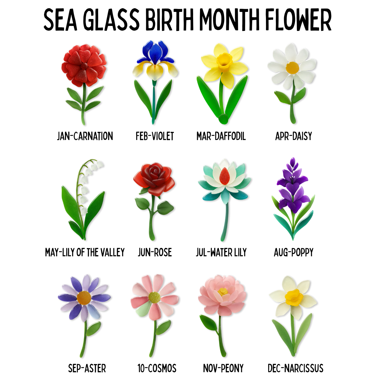 3D Sea Glass Birth Month Flowers Grandma's Garden - Personalized Canvas - Gift For Grandma, Mom, Birthday Gift