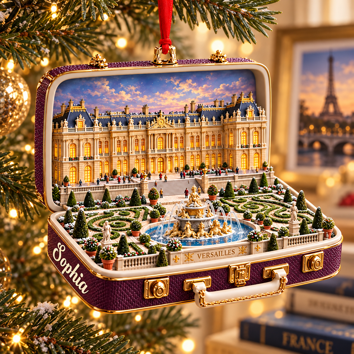Personalized 3D Palace of Versailles Suitcase Christmas Ornament – Versailles France Travel Souvenir & Gift for France Lovers bd25f348-1d2f-4153-9a22-3cdb87cc33b3-Versailles-Christmas-Ornament-on-a-Tree-1.png