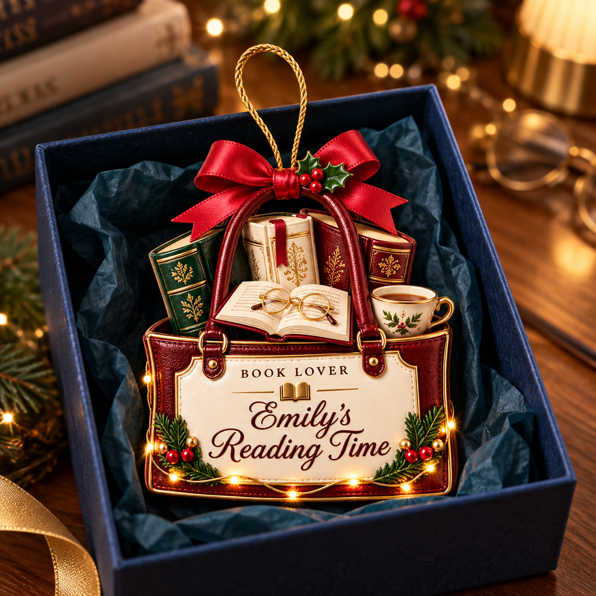Personalized Book Lover Christmas Ornament – Custom Name Reading Bag with Books and Teacup, Bookish Keepsake Gift for Readers and Bookworms c1d1cafb-69e6-45e7-844f-ba7a239111c0-Book-Lover-Ornament-in-Midnight-Gift-Box-1.png