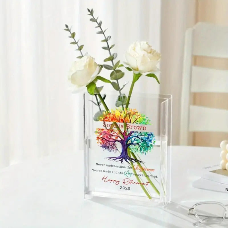 Personalized Retirement Gift - Custom Name & Year, Tree of Life Design with Inspirational Message - Heavy-Duty Acrylic Book Vase for Desk, Shelf, Table Decor
