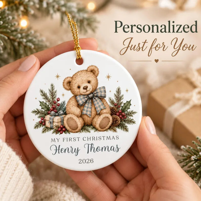 Personalized Baby's First Christmas Ornament, Teddy Bear with Blue Gingham Bow, Custom Name Ceramic Keepsake, Baby Boy Christmas 2026 d9a57b53-9a56-4795-a99b-ffef2c77537d-fgjyg-6-.webp