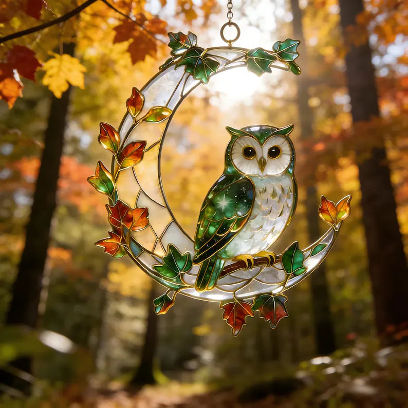 Stained Glass Owl Suncatcher, Owl Moon Window Hanging, Forest Owl Decor, Nature Lover Gift, Owl Glass Ornament, Window Sun Catcher ebbe4228-3ea3-469c-9131-d5e494f1d35f-gggggggggggggg-1-.webp
