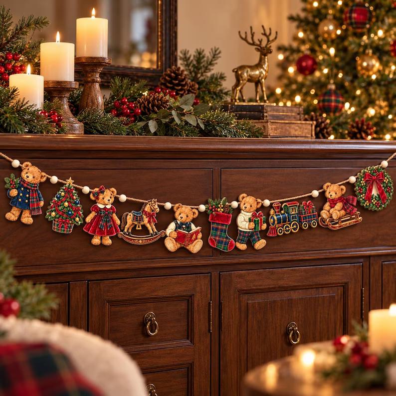 Wooden Christmas Garland: Ten Teddy Bear and Toy Pieces with Tartan Details f13d7984-bc45-41d7-abef-4714bd5c43d3-dftuh56-1-.jpg