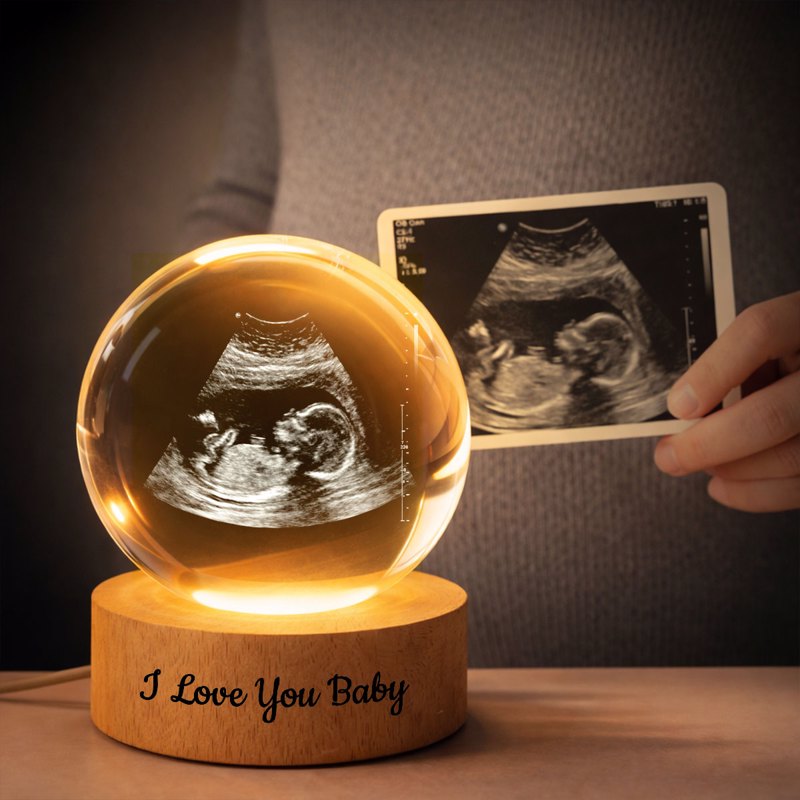 Custom Baby Ultrasound - Personalized Crystal Ball LED Night Light - Engraved Wooden Base, Sentimental Mother's Day Gift for Her