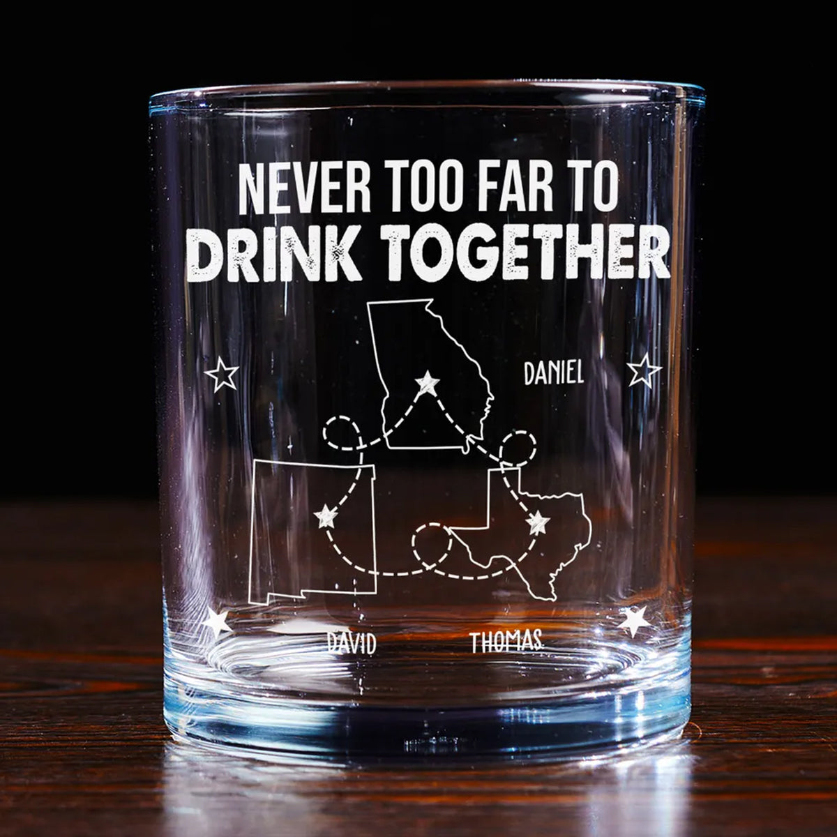 Never Too Far To Drink Together Gift For Friend Long Distance Friend - Personalized Engraved Whiskey Glass
