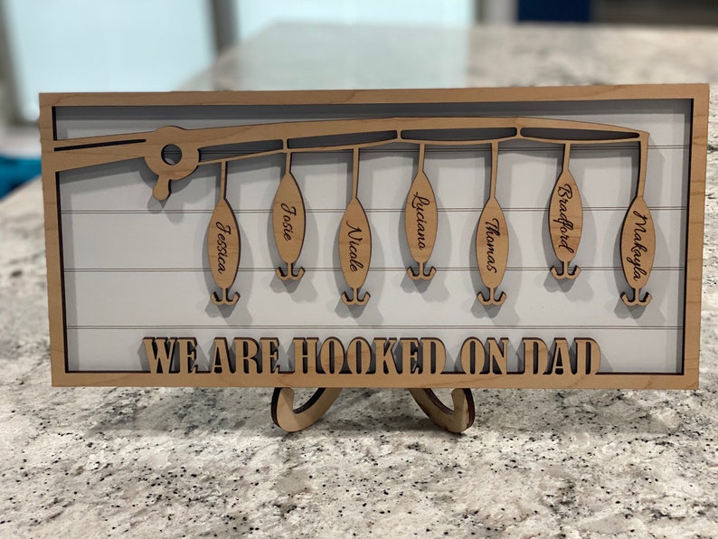 Hooked on Dad/Grandpa/papa engraved sign, gifts for papa, fishing sign, Personalized fishing christmas gifts for him. Father's Day Gift Birthday Gift Retirement gift.