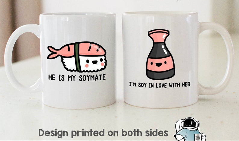 Sushi Soymates Matching Coffee Mug Set, Couples Gifts, Wife Husband Boyfriend Girlfriend Anniversary or Wedding Gift, Sushi Coffee Mugs