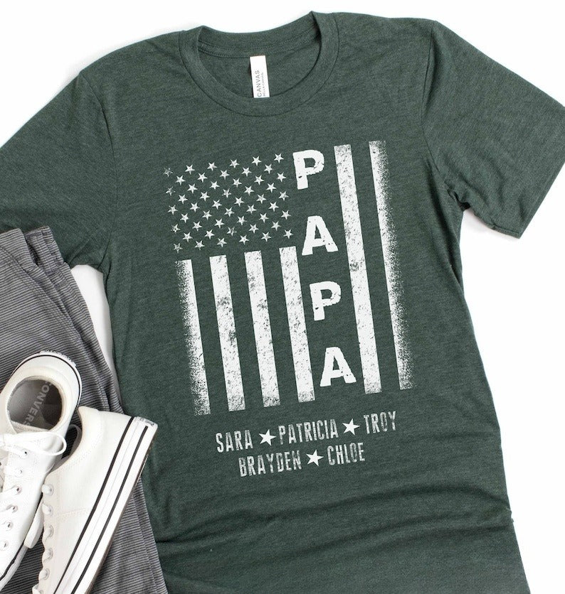 Custom Papa Flag Shirt, Personalized Papa Shirt with Kids Names, Father's Day Gift for Papa,Fathers Day Shirt, Birthday Gift For Him