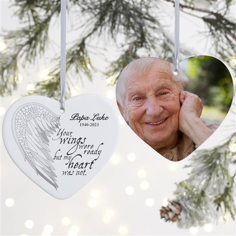 Your Wings Personalized Heart 2-sided Photo Ornament, Memorial Ornaments, Custom Memorial Gifts, Custom Christmas Ornaments