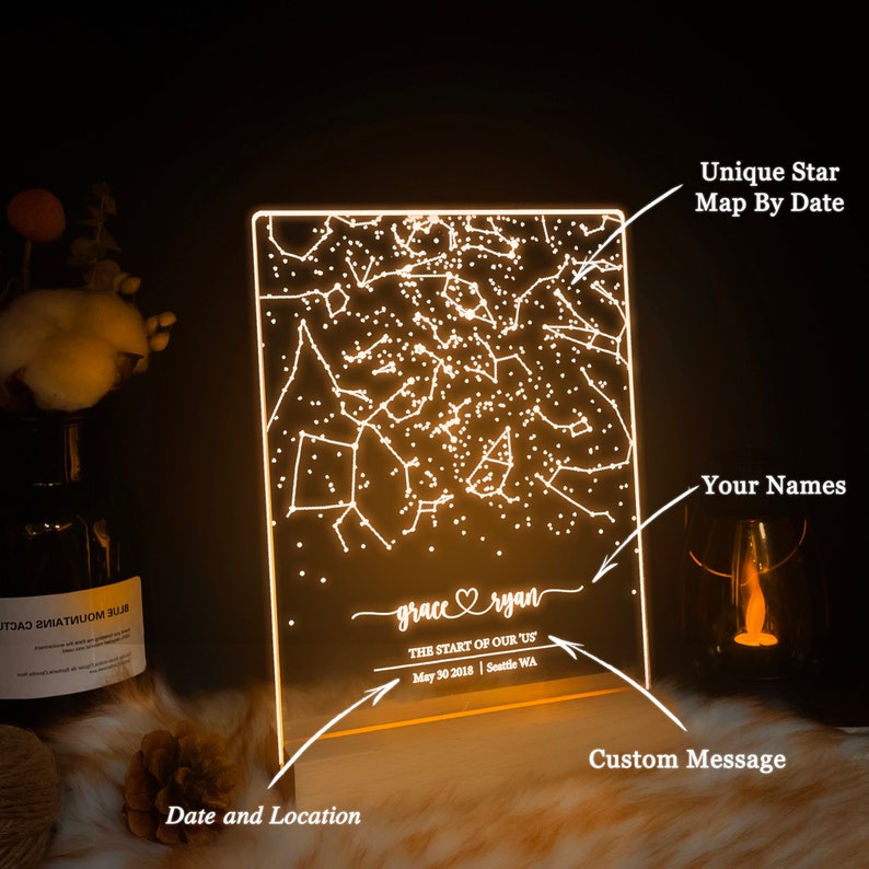 Custom star map by date, Star map night light, Personalized constellation map, Night sky by date, Engagement gift for him and her