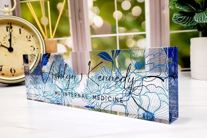 Custom Name Plate for Desk, Desk Nameplate, Personalized Gift, Acrylic Plaque, Royal Blue Floral Name Plate, Gift for Her, Gift for Lady