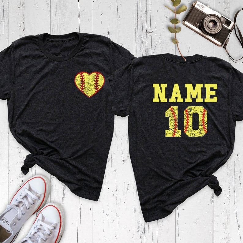 Softball Heart Shirt With Custom Number And Name, Personalized Softball Tshirt, Softball Mom Shirt, Softball Team Outfit, Sport Lover Shirt