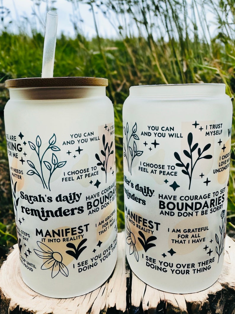 Custom Name Boho Daily Reminders Iced Coffee Cup, Mental Health Gift, , Gift For Her, Anxiety Relief, Birthday Gift, Motivation Can Glass.