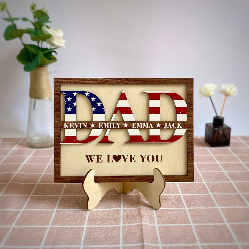 Personalized Dad Sign with Kids' Names, Custom Gift For Father s Day, USA Flag Wall Art for Father, Grandpa Gift, Unique Father's Day Idea