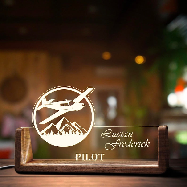 Custom Airplane Desk Name Plate Personalized Pilot LED Light Wooden Base Acrylic Office Accessories Wood Name Sign Decor Gift