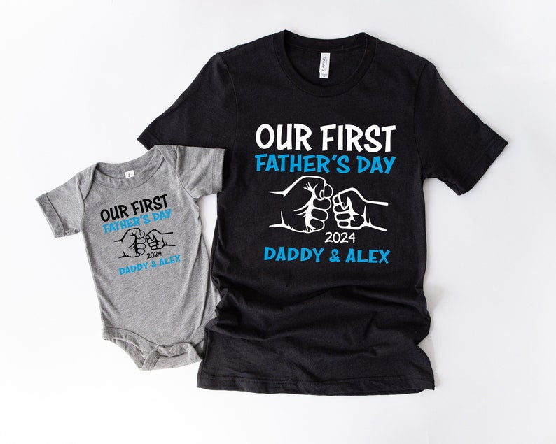 Our First Father's Day Matching Shirt And Bodysuit With Custom Names For Dad And Baby, Personalized Dad And Kid Shirts, Gift For Husband
