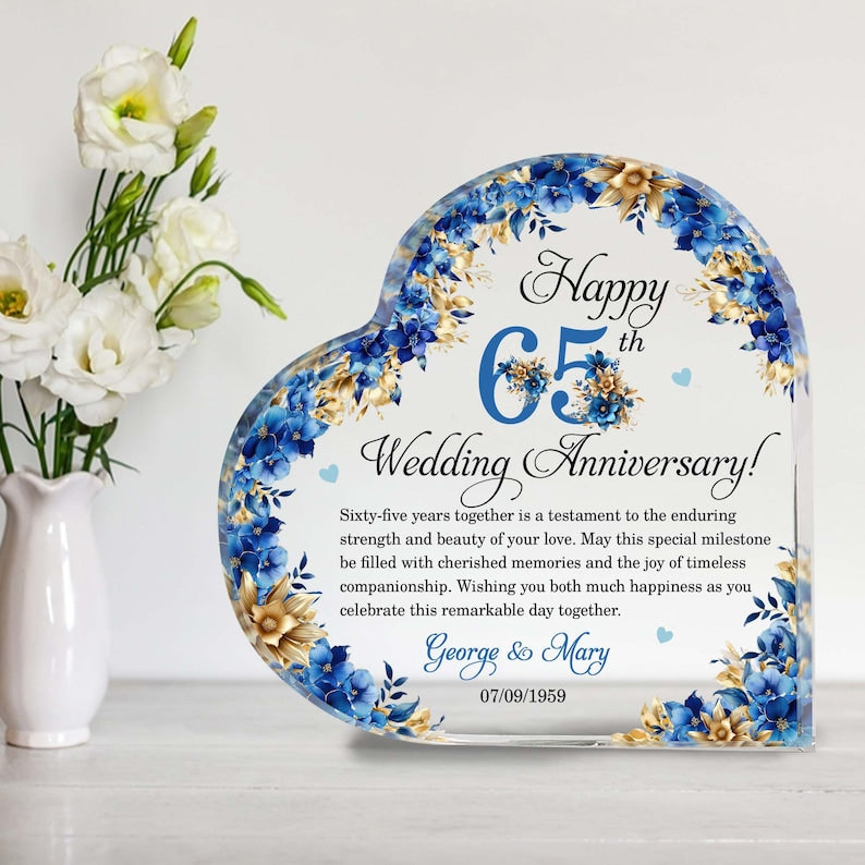 Personalized 65th Wedding Anniversary Gift Heart Acrylic Plaque, 65th Wedding Gifts For Parents, Wedding Anniversary Gift, Husband Gift