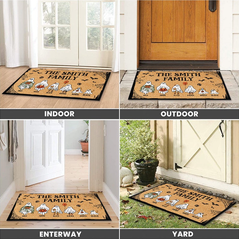 Personalized Halloween Doormat, Custom Halloween Family Doormat, Halloween Decor, Custom Family and Pets, Ghost Family Welcome Doormat Gift